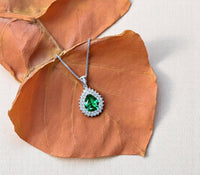 Double Halo Teardrop Emerald Necklace - 18KGP Sterling Silver - 3 CT Large Nano Green Emerald Pendant - Gemstone Pear Jewelry 1120