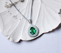Double Halo Teardrop Emerald Necklace - 18KGP Sterling Silver - 3 CT Large Nano Green Emerald Pendant - Gemstone Pear Jewelry 1120