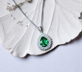 Double Halo Teardrop Emerald Necklace - 18KGP Sterling Silver - 3 CT Large Nano Green Emerald Pendant - Gemstone Pear Jewelry 1120