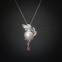 Pink Pearl Necklace Sterling Silver - Large 12mm Genuine Freshwater Pearl Leaf Leaves Ruby Feather Necklace 1100