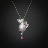Pink Pearl Necklace Sterling Silver - Large 12mm Genuine Freshwater Pearl Leaf Leaves Ruby Feather Necklace 1100