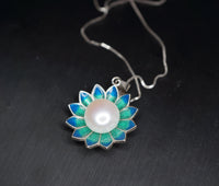 Genuine Freshwater Pearl Necklace - Sterling Silver Blue Lotus Flower Necklace 1105