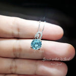 Tiny Blue Aquamarine Necklace - Sterling Silver Single Halo Dangle Round 8mm - March Birthstone - Aquamarine Jewelry 081