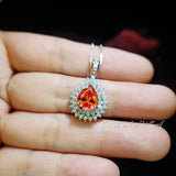 Double Halo Sunstone Necklace - Gemstone Halo Teardrop Orange Sapphire Pendant - 3 ct White Gold Coated Sterling Silver #678