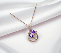 Genuine Amethyst Necklace, Floral Style - 18kgp @ Sterling Silver - Natural Lanvnder Amethyst Jewelry, Crystal Yoga Pendant Rose gold style