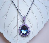 Teardrop Blue Sapphire Necklace Pink Tourmaline Surrounded Halo Large Solitaire Pear Cut Blue Sapphire Pendant 18kgp @ Sterling Silver #686