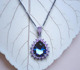 Teardrop Blue Sapphire Necklace Pink Tourmaline Surrounded Halo Large Solitaire Pear Cut Blue Sapphire Pendant 18kgp @ Sterling Silver #686