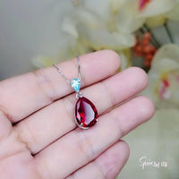 Large Teardrop Ruby Necklace Sterling Silver 6 CT Lab Red Ruby Pendant White Gold Plated Solitaire Red Gemstone Jewelry #699