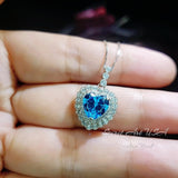 Blue Topaz Necklace - Double Halo Blue Heart Pendant, Ocean Heart Blue Topaz Jewelry - White Gold Sterling Silver #362