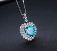 Blue Topaz Necklace - Double Halo Blue Heart Pendant, Ocean Heart Blue Topaz Jewelry - White Gold Sterling Silver #362