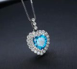 Blue Topaz Necklace - Double Halo Blue Heart Pendant, Ocean Heart Blue Topaz Jewelry - White Gold Sterling Silver #362