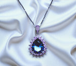 Teardrop Blue Sapphire Necklace Pink Tourmaline Surrounded Halo Large Solitaire Pear Cut Blue Sapphire Pendant 18kgp @ Sterling Silver #686