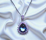 Teardrop Blue Sapphire Necklace Pink Tourmaline Surrounded Halo Large Solitaire Pear Cut Blue Sapphire Pendant 18kgp @ Sterling Silver #686