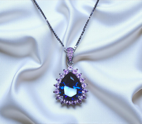 Teardrop Blue Sapphire Necklace Pink Tourmaline Surrounded Halo Large Solitaire Pear Cut Blue Sapphire Pendant 18kgp @ Sterling Silver #686