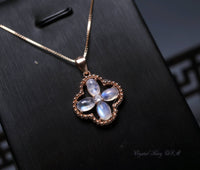 Four Leaf Clover Moonstone Necklace, Rose Gold Coated Sterling Silver box Chain Natural Flash Moonstone Pendant