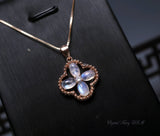 Four Leaf Clover Moonstone Necklace, Rose Gold Coated Sterling Silver box Chain Natural Flash Moonstone Pendant