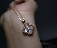Four Leaf Clover Moonstone Necklace, Rose Gold Coated Sterling Silver box Chain Natural Flash Moonstone Pendant