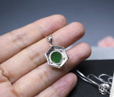 Sterling Silver Green Jade Necklace Diamond Hexagon Six Sides Geometric White Gold Coated Halo Solitaire  Green Gemstone Pendant