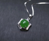 Sterling Silver Green Jade Necklace Diamond Hexagon Six Sides Geometric White Gold Coated Halo Solitaire  Green Gemstone Pendant