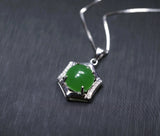 Sterling Silver Green Jade Necklace Diamond Hexagon Six Sides Geometric White Gold Coated Halo Solitaire  Green Gemstone Pendant