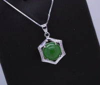 Sterling Silver Green Jade Necklace Diamond Hexagon Six Sides Geometric White Gold Coated Halo Solitaire  Green Gemstone Pendant