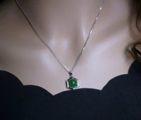 Sterling Silver Green Jade Necklace Diamond Hexagon Six Sides Geometric White Gold Coated Halo Solitaire  Green Gemstone Pendant