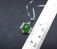 Sterling Silver Green Jade Necklace Diamond Hexagon Six Sides Geometric White Gold Coated Halo Solitaire  Green Gemstone Pendant