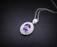 1.6 CT Genuine Amethyst Diamond Necklace White Gold Coated Sterling Silver Double Halo Purple Gemstone February Birthstone Chakra Healing