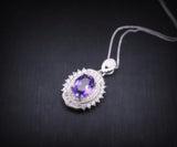 1.6 CT Genuine Amethyst Diamond Necklace White Gold Coated Sterling Silver Double Halo Purple Gemstone February Birthstone Chakra Healing