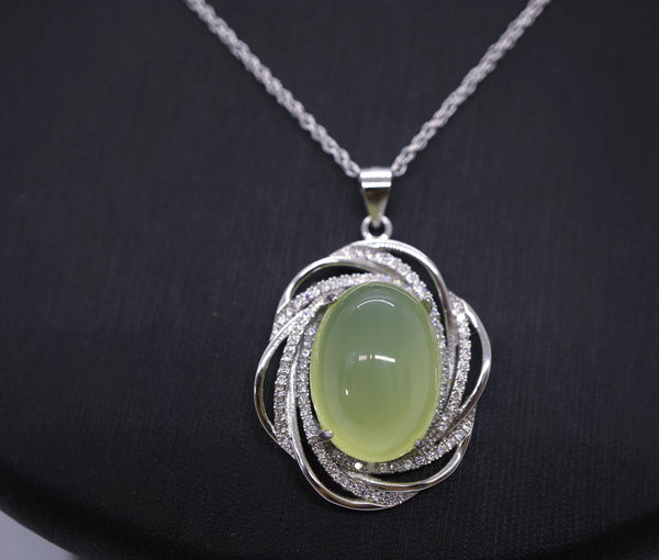 Large Prehnite Necklace Full Sterling Silver Green Gemstone Heart Chakra Healing Prehnite Pendant