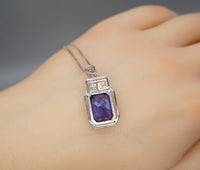 Sterling Silver Rectangular Tanzanite Necklace 10.5 CT Emerald Cut Sim Diamond White Gold Coated Large Lab Created Blue Tanzanite Pendant