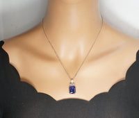 Sterling Silver Rectangular Tanzanite Necklace 10.5 CT Emerald Cut Sim Diamond White Gold Coated Large Lab Created Blue Tanzanite Pendant