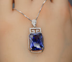 Sterling Silver Rectangular Tanzanite Necklace 10.5 CT Emerald Cut Sim Diamond White Gold Coated Large Lab Created Blue Tanzanite Pendant