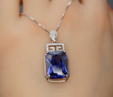 Sterling Silver Rectangular Tanzanite Necklace 10.5 CT Emerald Cut Sim Diamond White Gold Coated Large Lab Created Blue Tanzanite Pendant