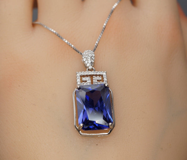 Sterling Silver Rectangular Tanzanite Necklace 10.5 CT Emerald Cut Sim Diamond White Gold Coated Large Lab Created Blue Tanzanite Pendant