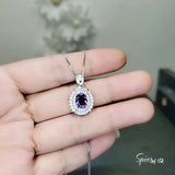 1.6 CT Genuine Amethyst Diamond Necklace White Gold Coated Sterling Silver Double Halo Purple Gemstone February Birthstone Chakra Healing