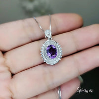 1.6 CT Genuine Amethyst Diamond Necklace White Gold Coated Sterling Silver Double Halo Purple Gemstone February Birthstone Chakra Healing