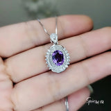 1.6 CT Genuine Amethyst Diamond Necklace White Gold Coated Sterling Silver Double Halo Purple Gemstone February Birthstone Chakra Healing