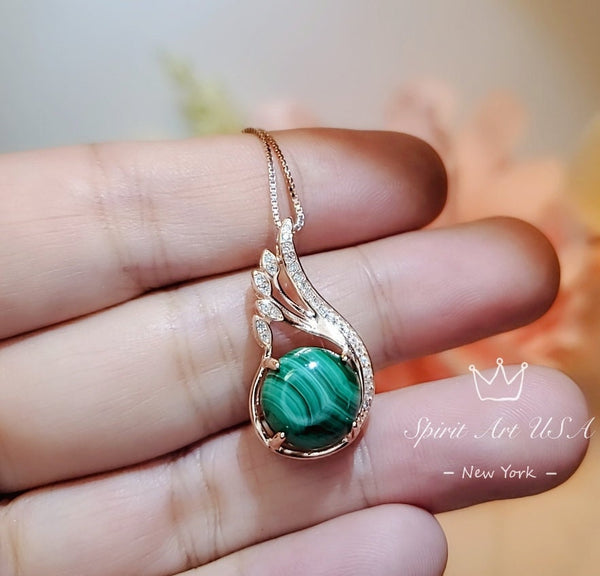 Rose Gold Green Malachite Necklace - Sterling Silver Phoenix Necklace - Heart Chakra Healing Green Stone Pendant