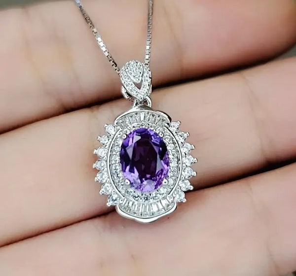 1.6 CT Genuine Amethyst Diamond Necklace White Gold Coated Sterling Silver Double Halo Purple Gemstone February Birthstone Chakra Healing