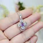 Amethyst Cross Flower Necklace Sterling Silver, Diamond  Cross Pendant White Gold Natural Amethyst Jewelry