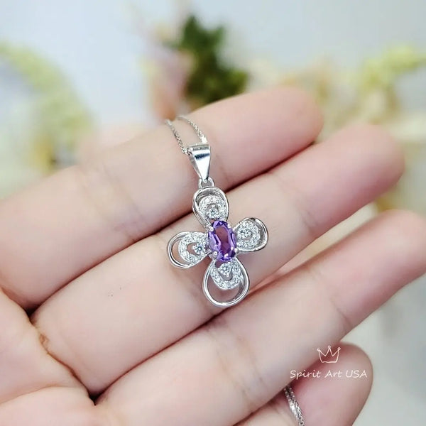 Amethyst Cross Flower Necklace Sterling Silver, Diamond  Cross Pendant White Gold Natural Amethyst Jewelry